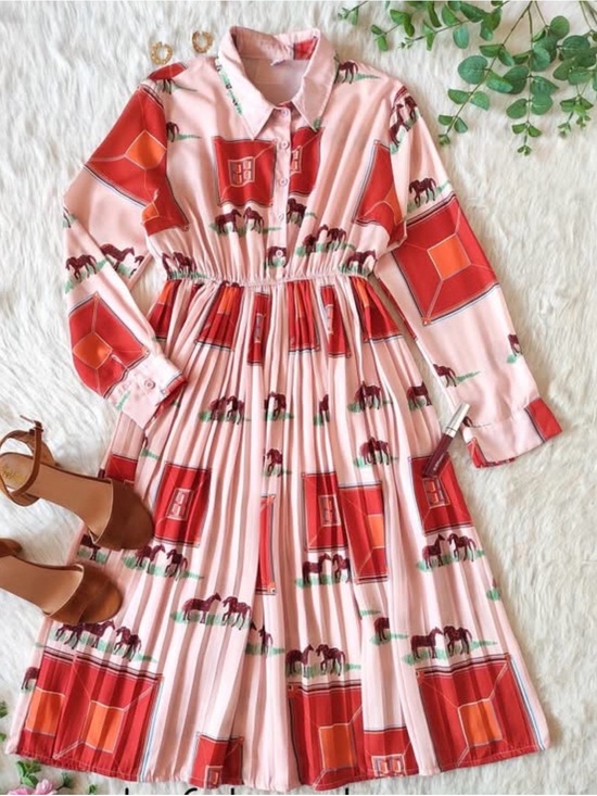 Dahlia McPhee￼ Dresses & Skirts - Pink & Red Horse-Print Pleated Shirt Dress